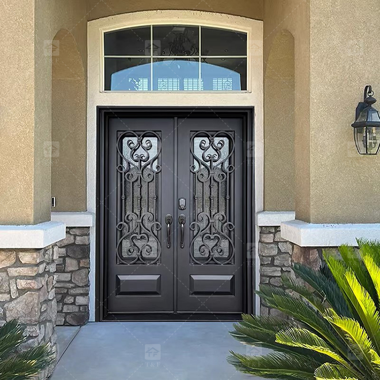 Hot Sale French Aluminum Wrought Iron Door Security Iron Exterior Front Entry Anti-theft Chinese Apartments Villas Outdoor