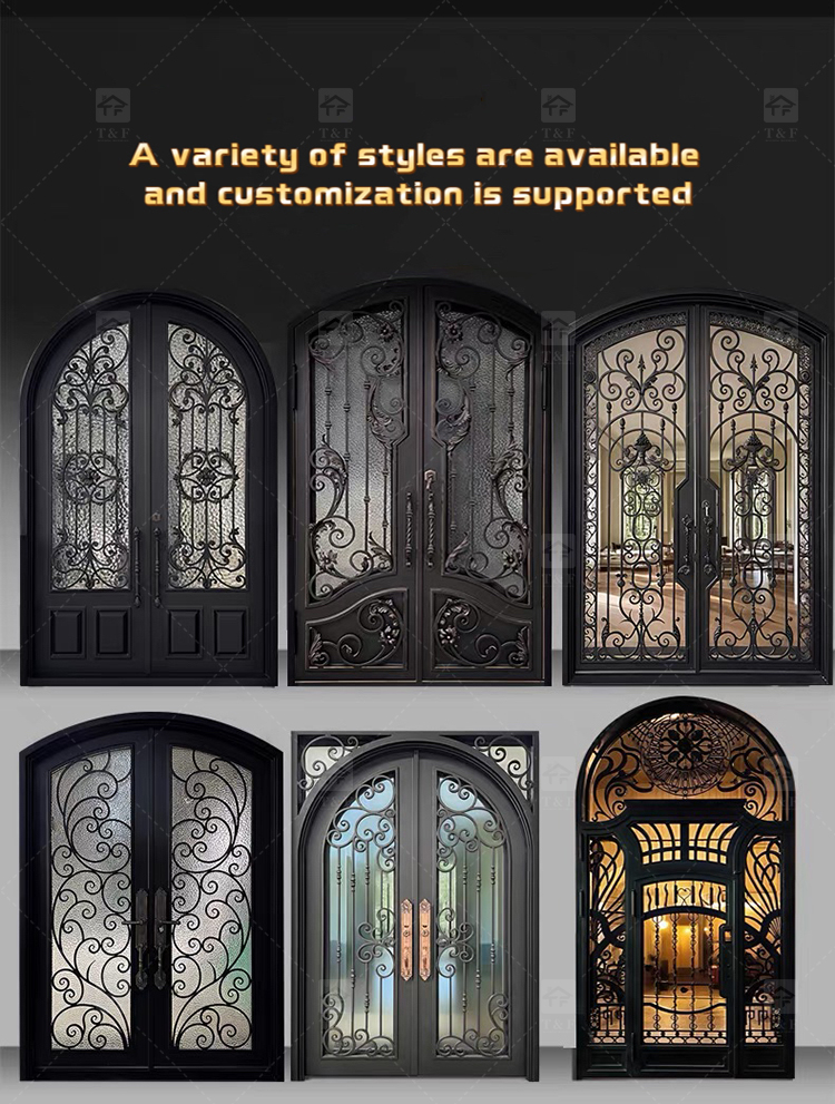 Hot Sale French Aluminum Wrought Iron Door Security Iron Exterior Front Entry Anti-theft Chinese Apartments Villas Outdoor