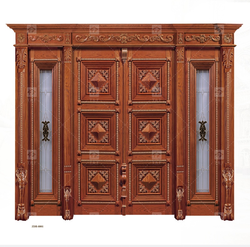 Modern Double Entry Wood Doors Solid Wood Carving Main Door with Waterproof Feature Finished Exterior Application