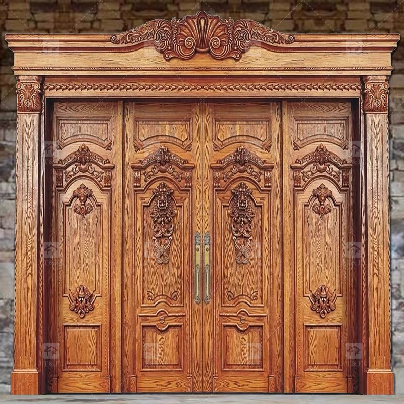 Modern Double Entry Wood Doors Solid Wood Carving Main Door with Waterproof Feature Finished Exterior Application