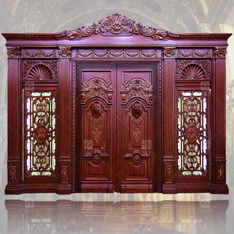 Modern Double Entry Wood Doors Solid Wood Carving Main Door with Waterproof Feature Finished Exterior Application