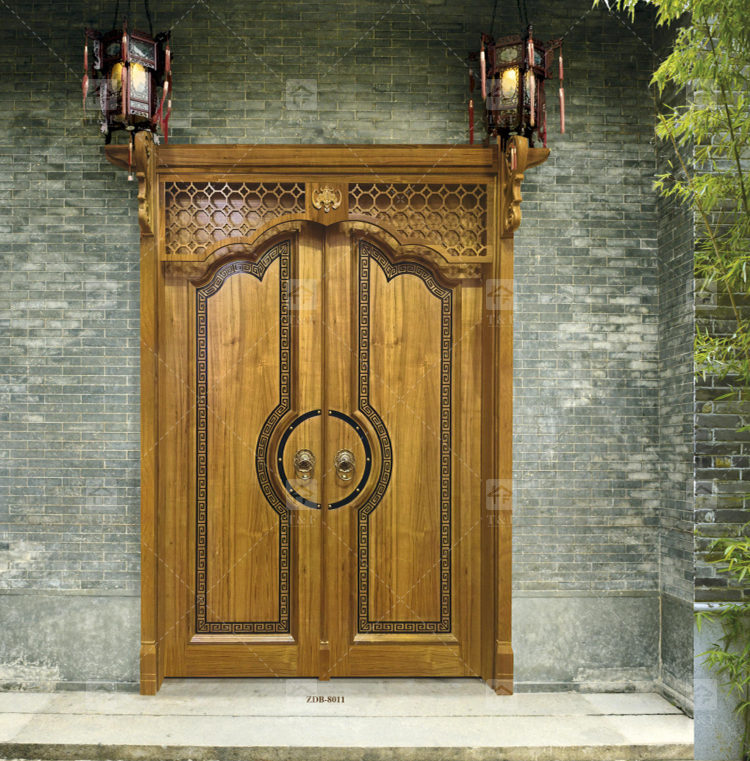 Modern Double Entry Wood Doors Solid Wood Carving Main Door with Waterproof Feature Finished Exterior Application