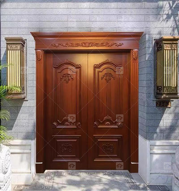 Modern Double Entry Wood Doors Solid Wood Carving Main Door with Waterproof Feature Finished Exterior Application