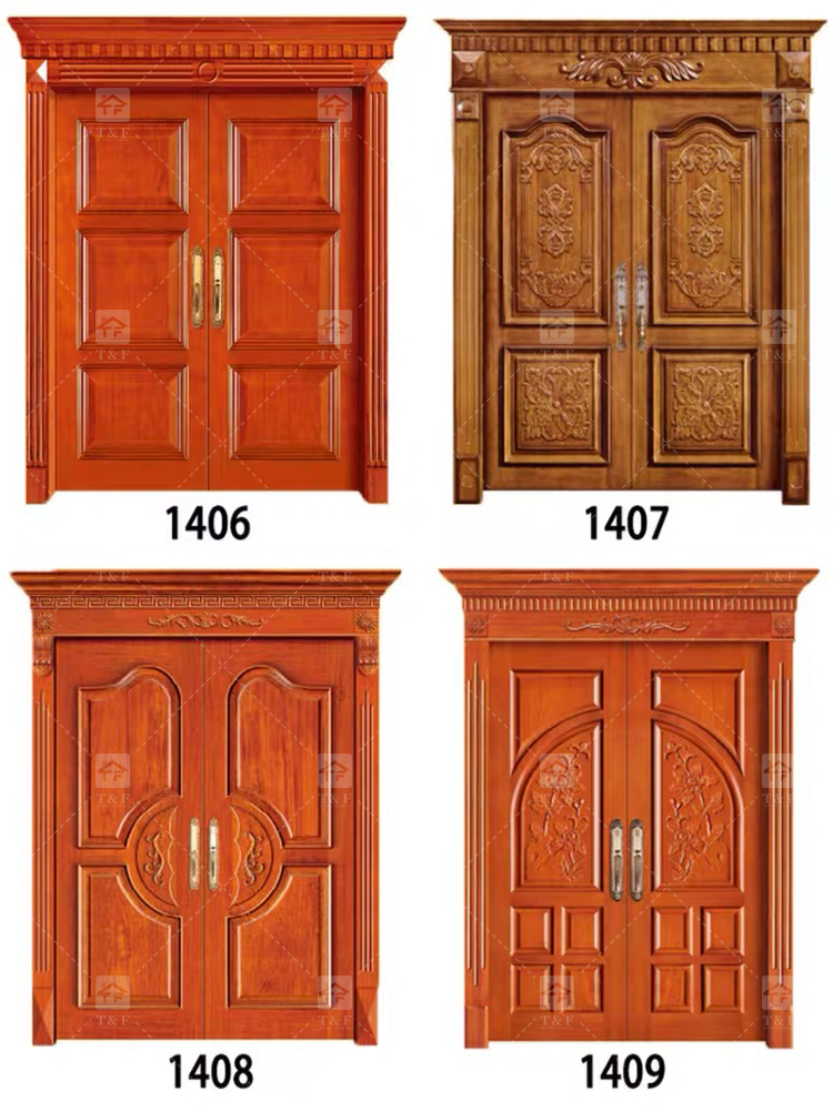 Modern Double Entry Wood Doors Solid Wood Carving Main Door with Waterproof Feature Finished Exterior Application