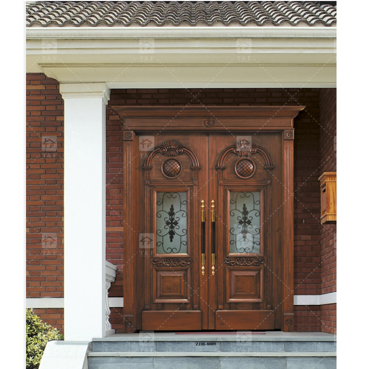 Modern Double Entry Wood Doors Solid Wood Carving Main Door with Waterproof Feature Finished Exterior Application