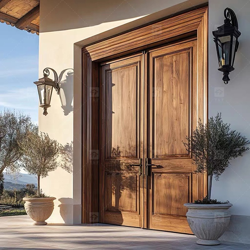Modern Design Double Open Panel Wooden Front Entrance Door Villa External Security Swing Waterproof Feature Finished Surface