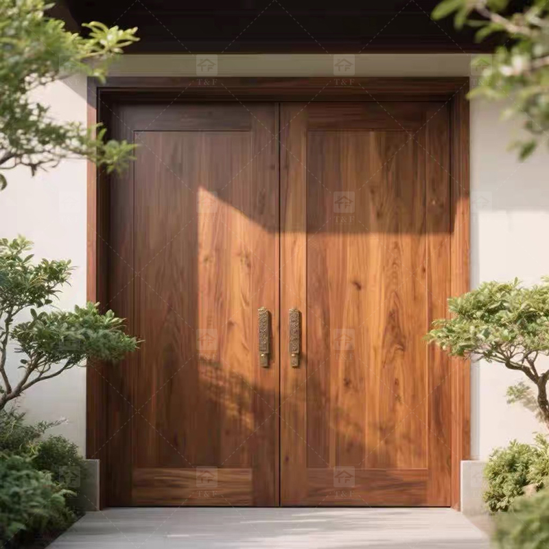Modern Design Double Open Panel Wooden Front Entrance Door Villa External Security Swing Waterproof Feature Finished Surface