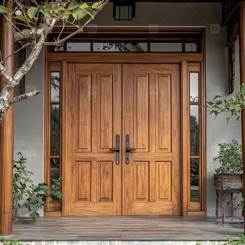 Modern Design Double Open Panel Wooden Front Entrance Door Villa External Security Swing Waterproof Feature Finished Surface