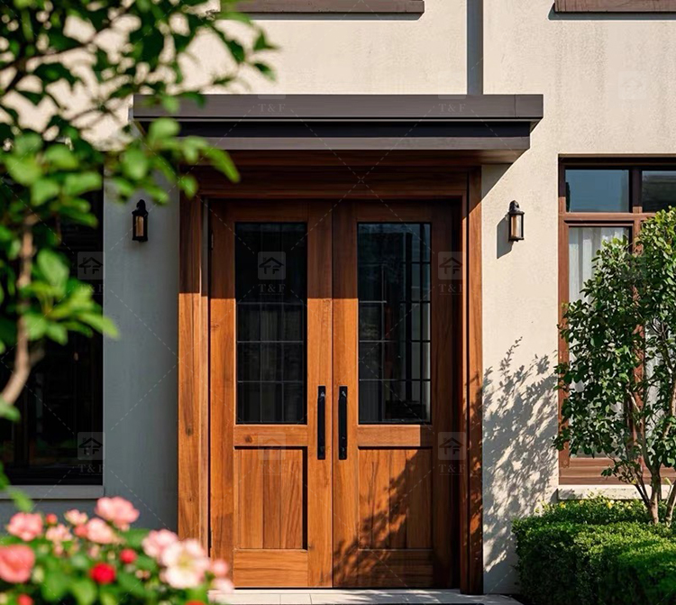 Modern Design Double Open Panel Wooden Front Entrance Door Villa External Security Swing Waterproof Feature Finished Surface