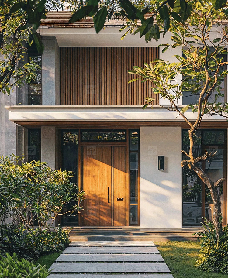 Modern Design Double Open Panel Wooden Front Entrance Door Villa External Security Swing Waterproof Feature Finished Surface