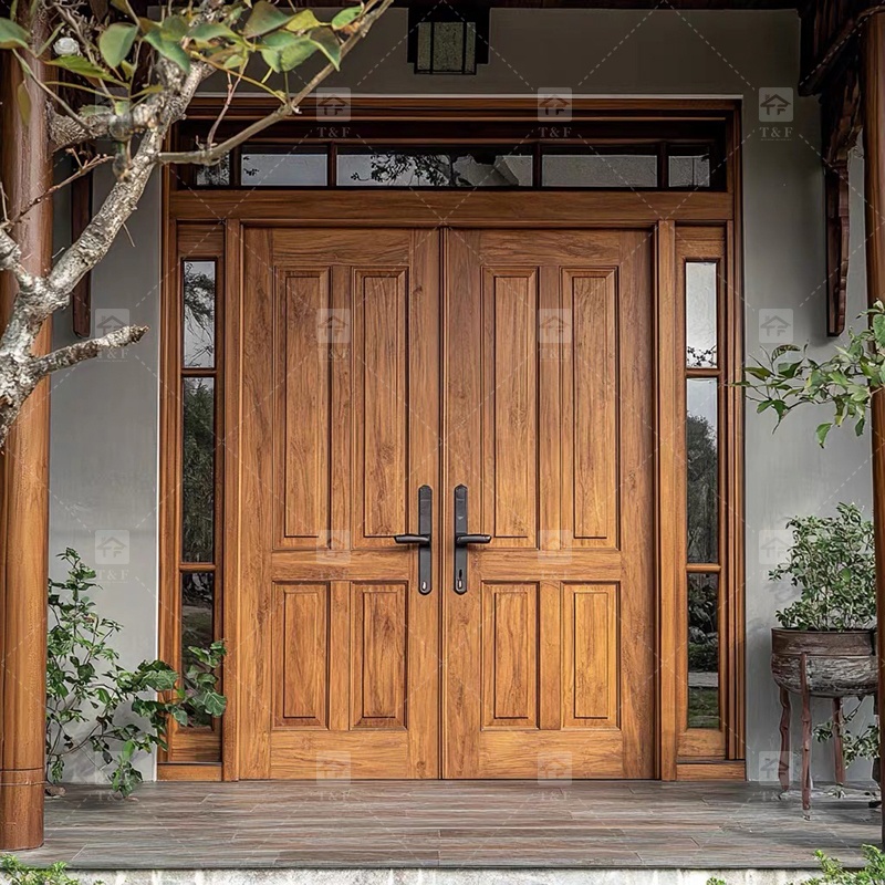 Modern Double Open Panel Design Finished Wooden Security Swing Front Entrance Door for Apartment Outdoor Use Villa Exterior