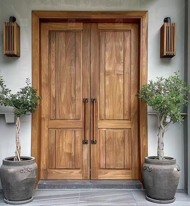 Modern Double Open Panel Design Finished Wooden Security Swing Front Entrance Door for Apartment Outdoor Use Villa Exterior