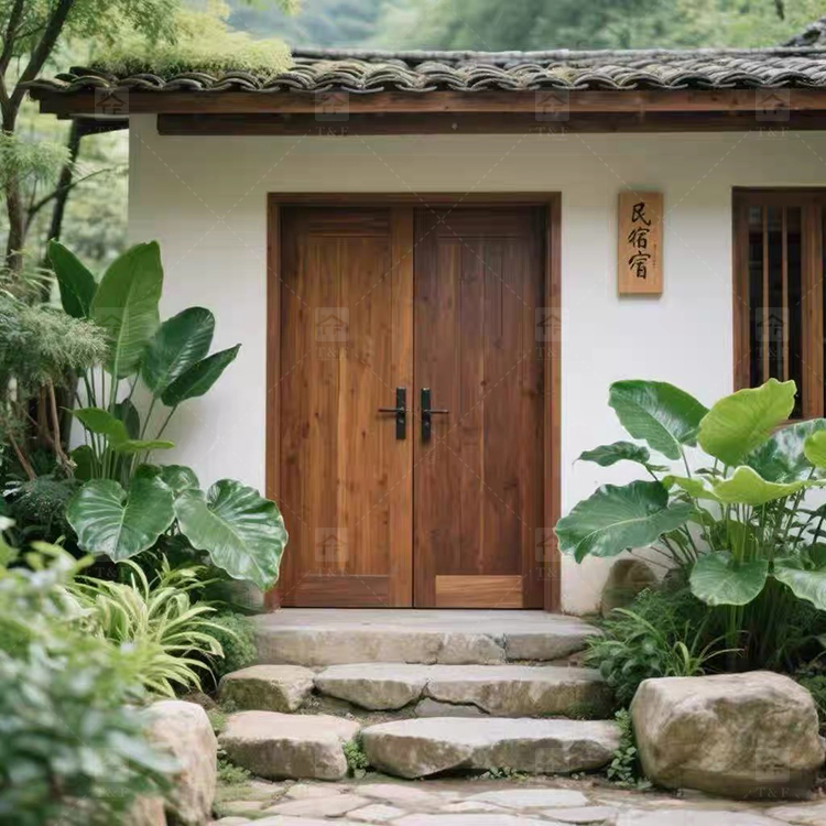 Modern Double Open Panel Design Finished Wooden Security Swing Front Entrance Door for Apartment Outdoor Use Villa Exterior