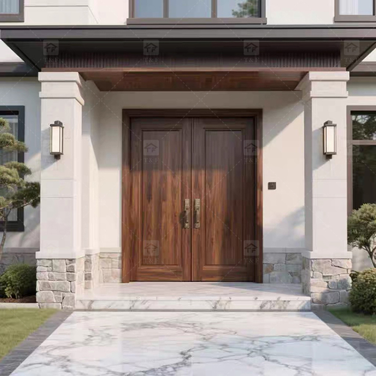 Modern Double Open Panel Design Finished Wooden Security Swing Front Entrance Door for Apartment Outdoor Use Villa Exterior