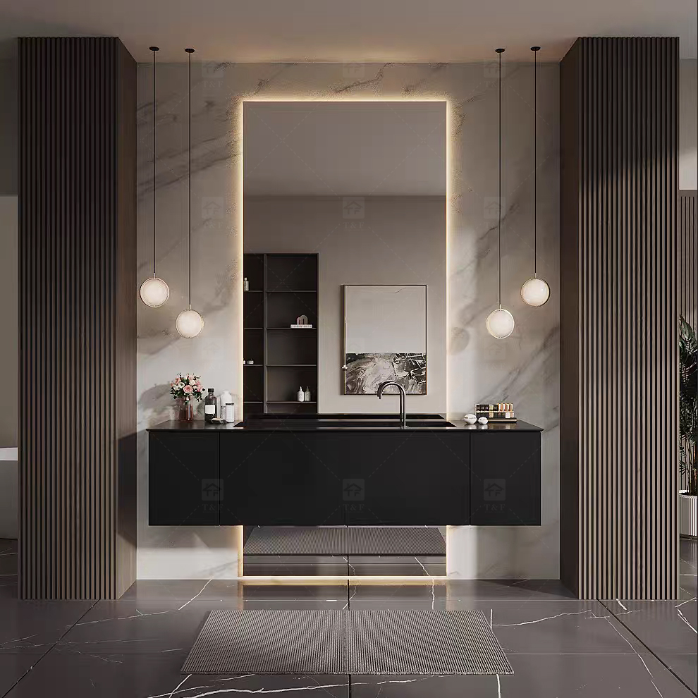 Custom Modern Luxury Hotel Floating Wood Bathroom Vanity Cabinet with Sintered Stone Top and Smart LED Mirror