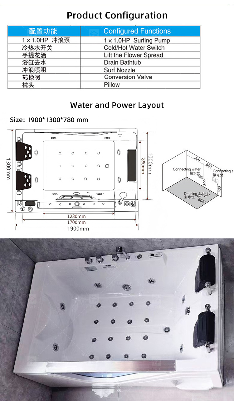 White 2 Person 1900mm Jaccuzie Double Seat Acrylic Whirlpool Free Standing Surf Spa Massage Bathtub for Adult