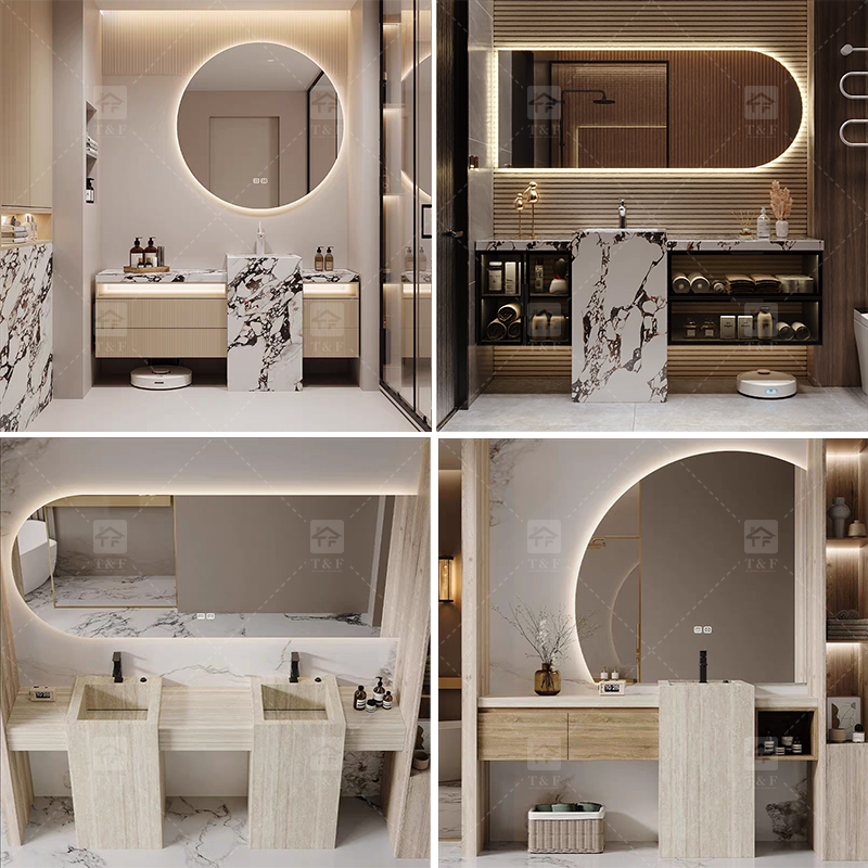 Modern Wall Mounted Wood Bathroom Vanity Cabinet with Smart LED Mirror and Floor Standing Pedestal Basin