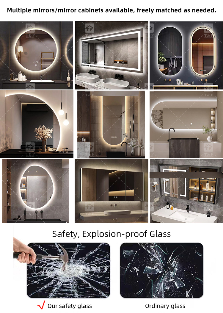 Modern Wall Mounted Wood Bathroom Vanity Cabinet with Smart LED Mirror and Floor Standing Pedestal Basin
