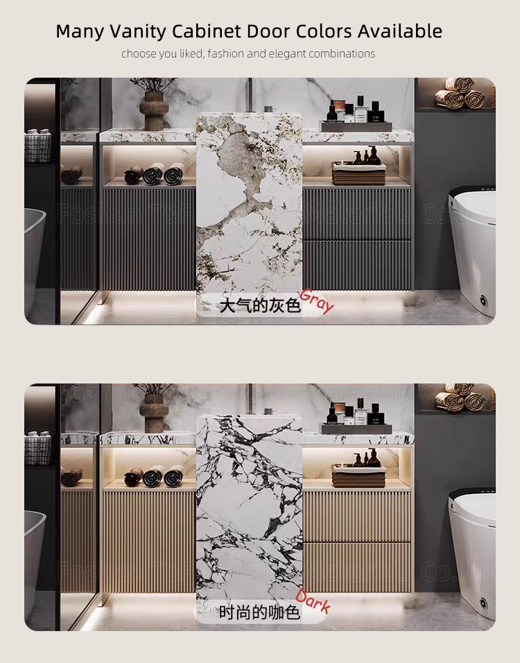 Modern Wall Mounted Wood Bathroom Vanity Cabinet with Smart LED Mirror and Floor Standing Pedestal Basin