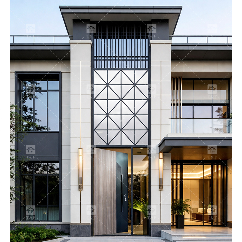 Custom Double-Height Villa Entrance Metal Front Door with Fixed Glass Panels Exterior Entry Doors for Houses