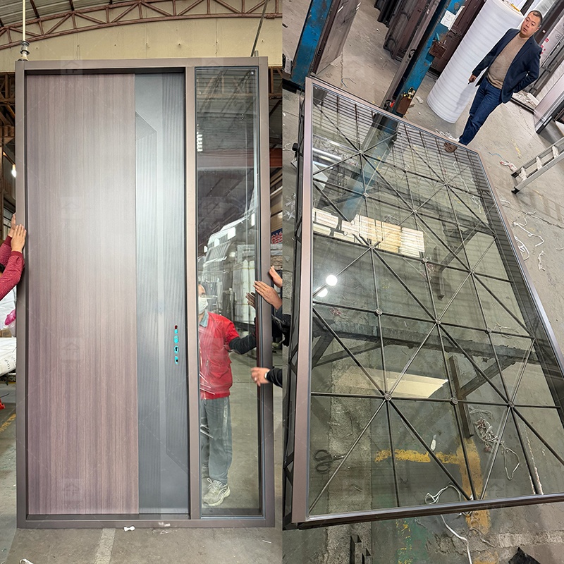 Custom Double-Height Villa Entrance Metal Front Door with Fixed Glass Panels Exterior Entry Doors for Houses