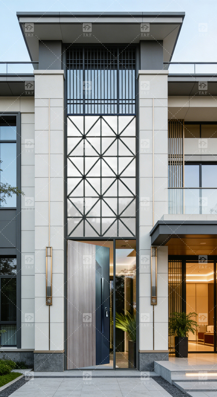 Custom Double-Height Villa Entrance Metal Front Door with Fixed Glass Panels Exterior Entry Doors for Houses