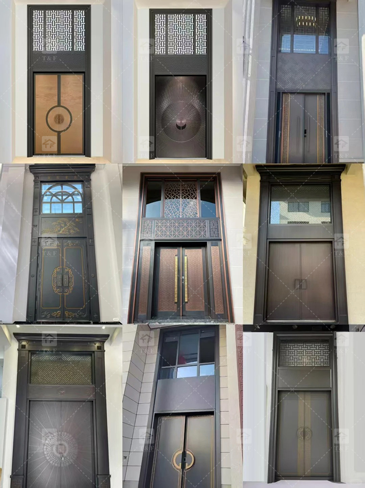 Custom Double-Height Villa Entrance Metal Front Door with Fixed Glass Panels Exterior Entry Doors for Houses