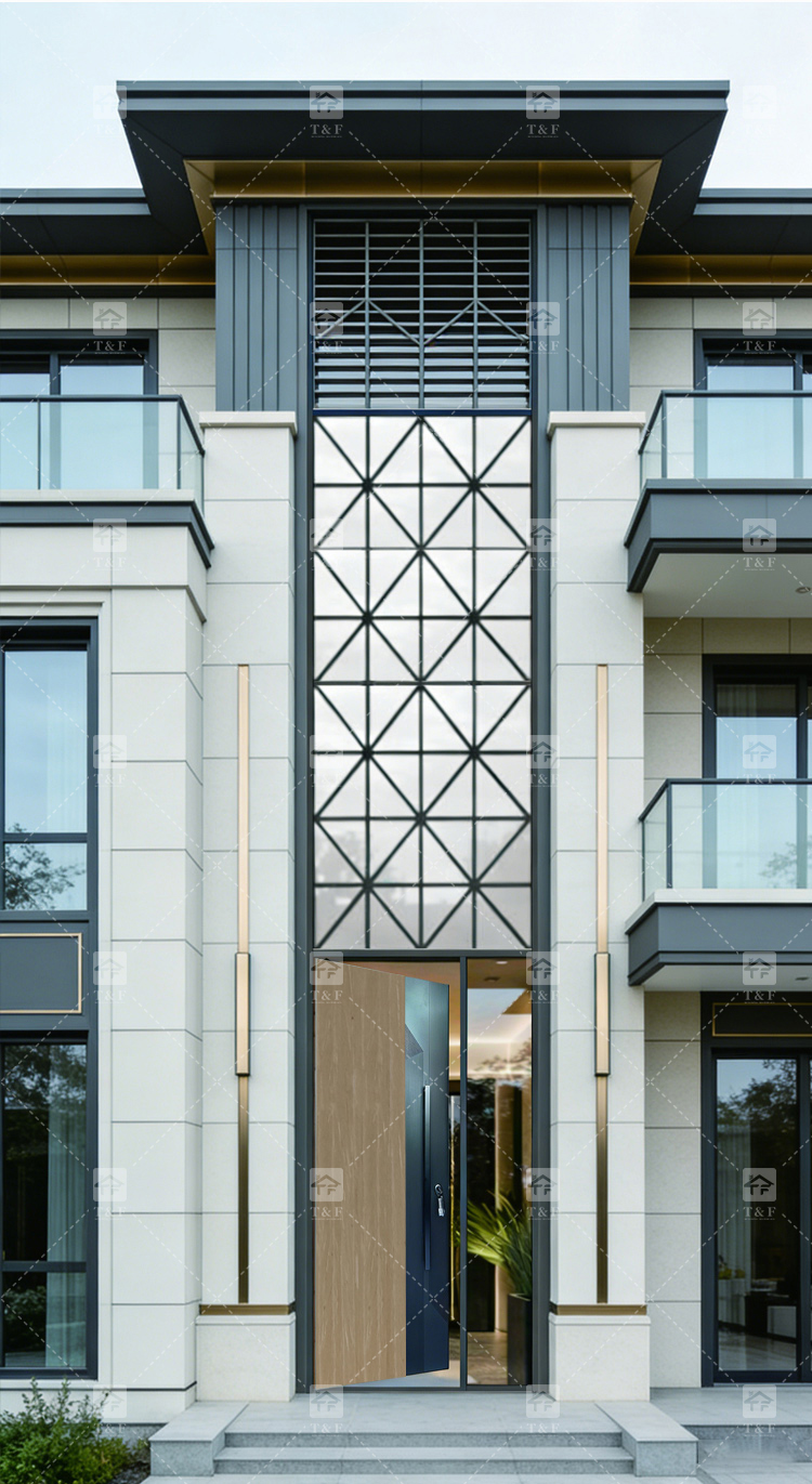 Custom Double-Height Villa Entrance Metal Front Door with Fixed Glass Panels Exterior Entry Doors for Houses