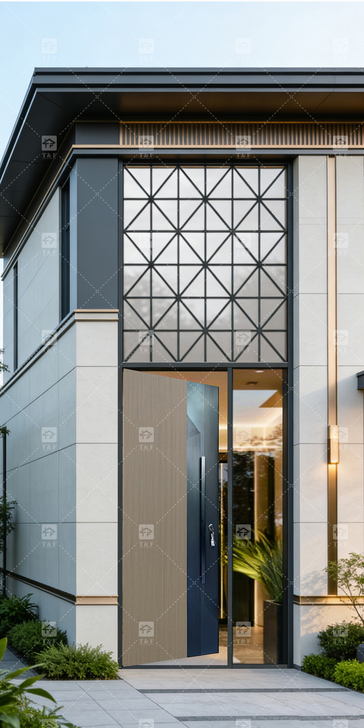 Custom Double-Height Villa Entrance Metal Front Door with Fixed Glass Panels Exterior Entry Doors for Houses