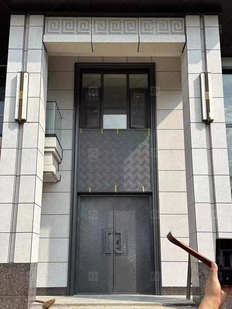 Custom Double-Height Villa Entrance Metal Front Door with Fixed Glass Panels Exterior Entry Doors for Houses