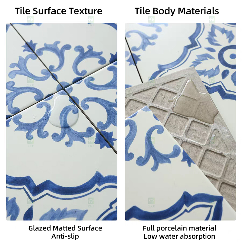 200x200mm Vintage Blue White Porcelain Pattern Tiles for Bathroom and Toilet Shower Kitchen Floor Wall Tile