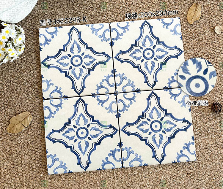 200x200mm Vintage Blue White Porcelain Pattern Tiles for Bathroom and Toilet Shower Kitchen Floor Wall Tile