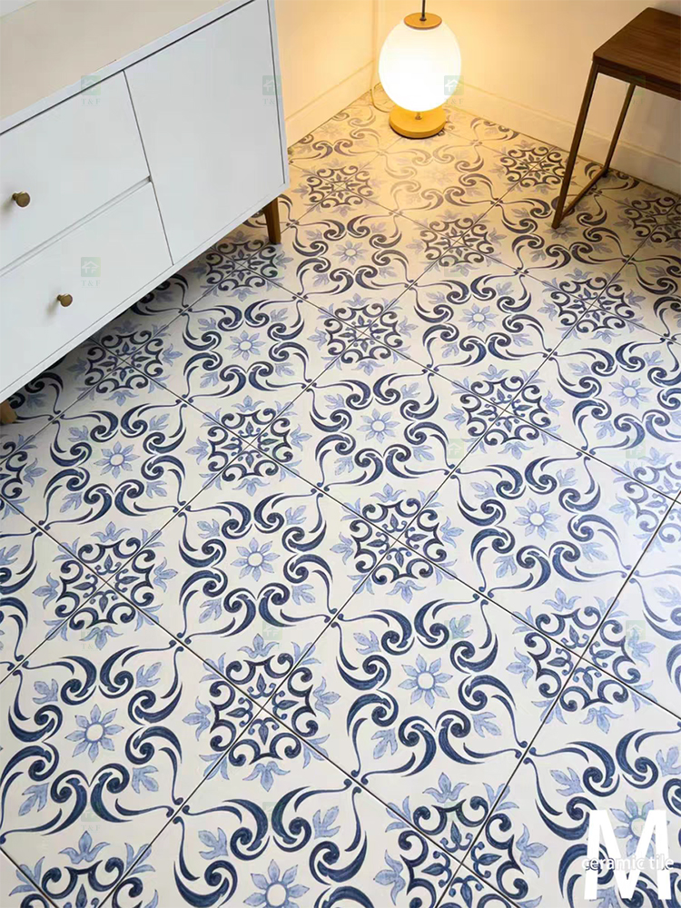 200x200mm Vintage Blue White Porcelain Pattern Tiles for Bathroom and Toilet Shower Kitchen Floor Wall Tile