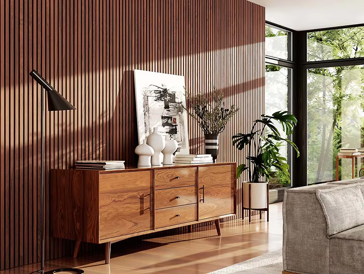 Modern 3D Wood Slat Acoustic Panel PET Polyester Fiber Veneer Wall Panel for Interior Wall and Ceiling Decoration