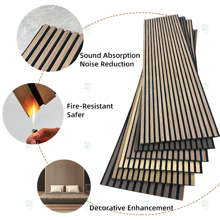 Modern 3D Wood Slat Acoustic Panel PET Polyester Fiber Veneer Wall Panel for Interior Wall and Ceiling Decoration