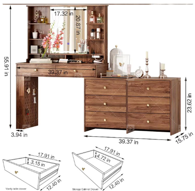 Custom Modern Lighted Mirror Makeup Table with 3 Drawers Wooden Vanity Set for Bathroom Hotel Projects Vanity Con Luz Led