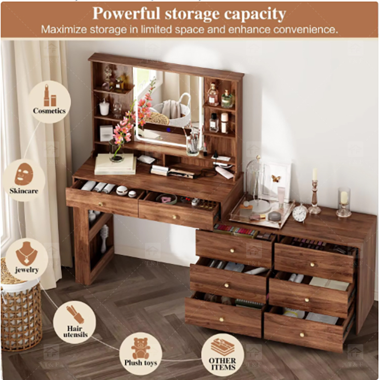 Custom Modern Lighted Mirror Makeup Table with 3 Drawers Wooden Vanity Set for Bathroom Hotel Projects Vanity Con Luz Led