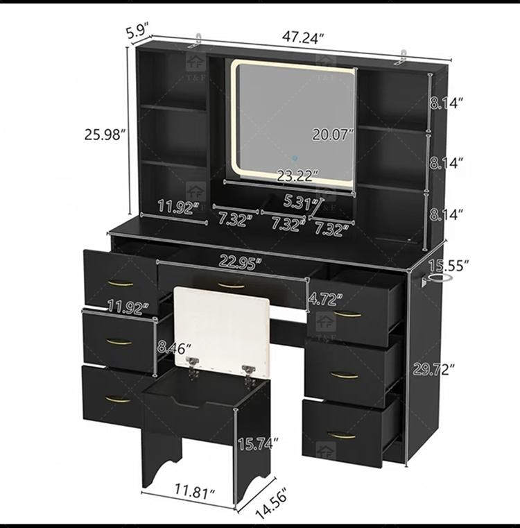 Luxury Black Solid Wood Vanity Table with LED Light Makeup Mirror 7 Drawers Durable Furniture for Bedroom Living Room Hotel Use