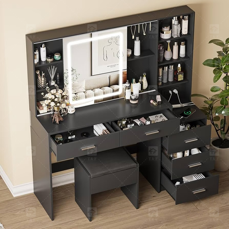 Luxury Black Solid Wood Vanity Table with LED Light Makeup Mirror 7 Drawers Durable Furniture for Bedroom Living Room Hotel Use
