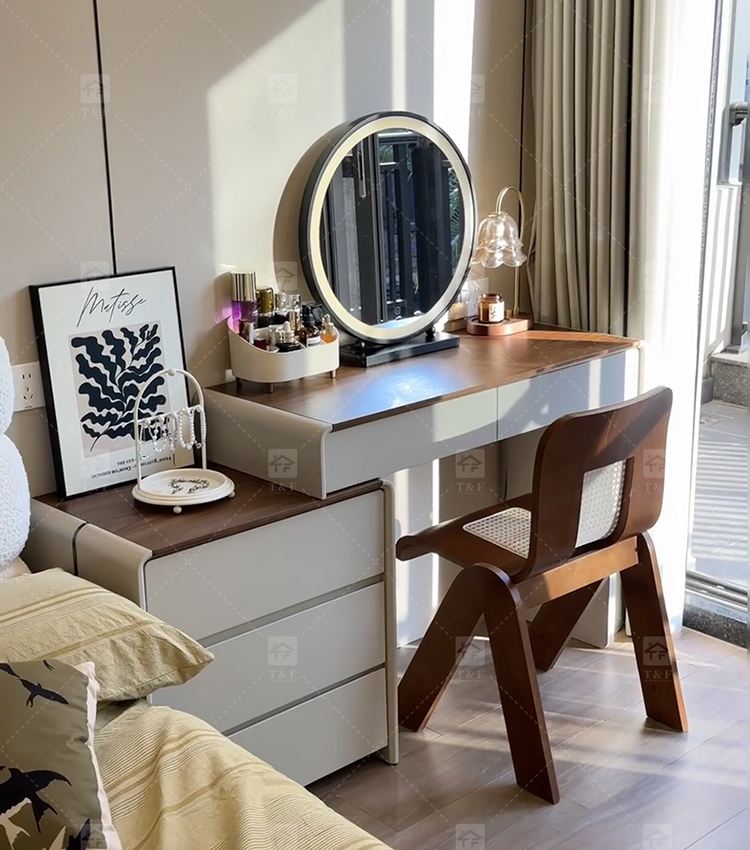 Luxury Black Solid Wood Vanity Table with LED Light Makeup Mirror 7 Drawers Durable Furniture for Bedroom Living Room Hotel Use
