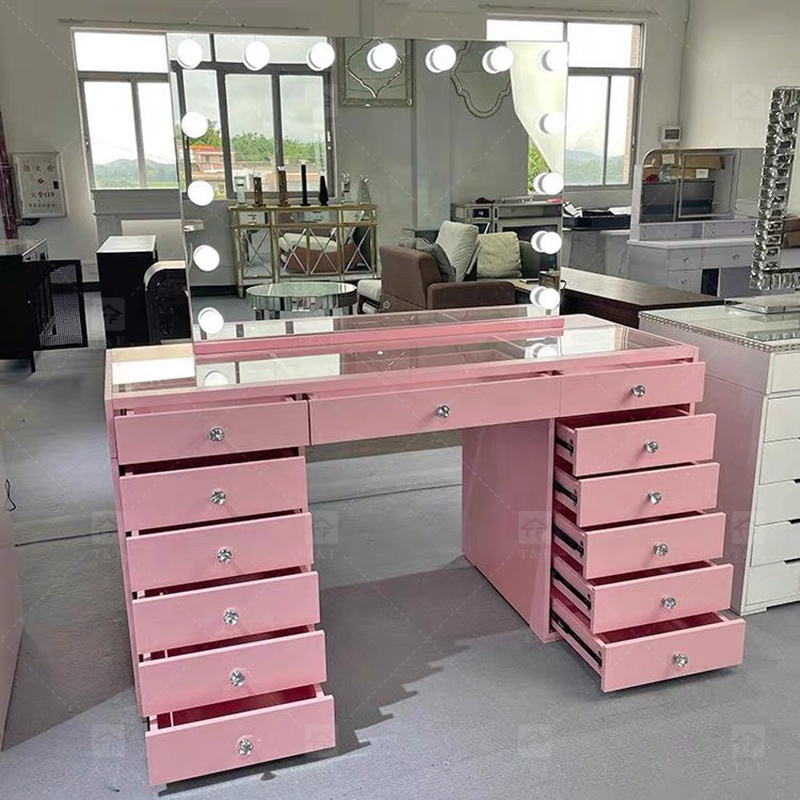 Factory Modern White 13 Drawers Dressing Table and Makeup Vanity Table with Led Light Bulb Mirror Stand Vanity Con Luz Led