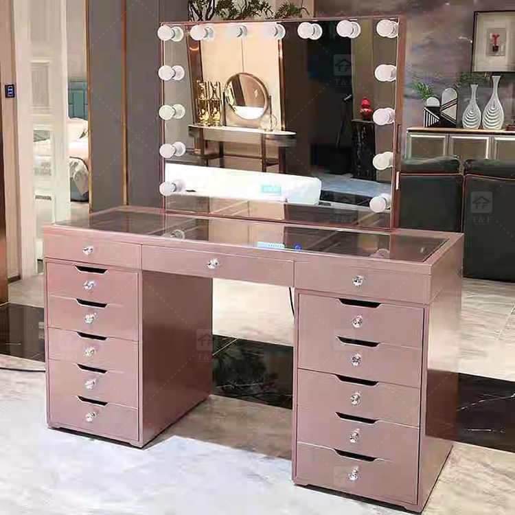 Factory Modern White 13 Drawers Dressing Table and Makeup Vanity Table with Led Light Bulb Mirror Stand Vanity Con Luz Led