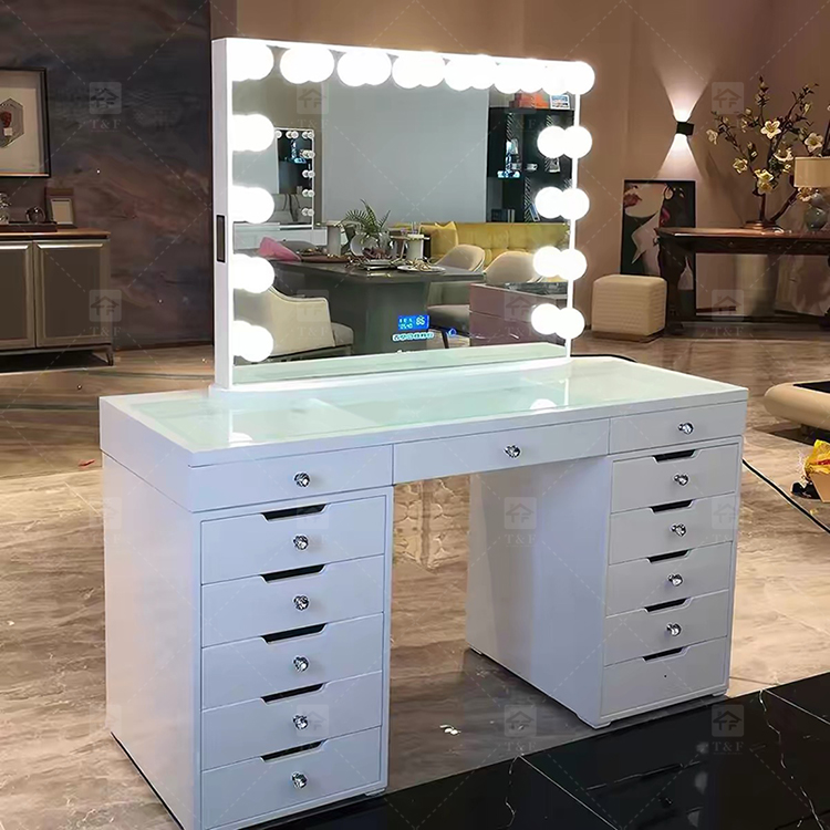 Factory Modern White 13 Drawers Dressing Table and Makeup Vanity Table with Led Light Bulb Mirror Stand Vanity Con Luz Led