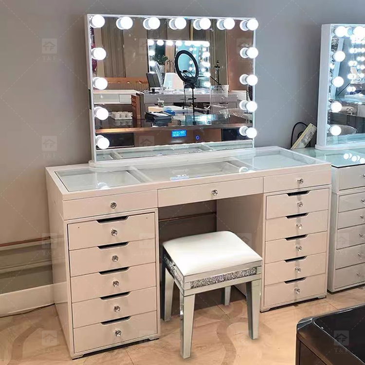 Factory Modern White 13 Drawers Dressing Table and Makeup Vanity Table with Led Light Bulb Mirror Stand Vanity Con Luz Led
