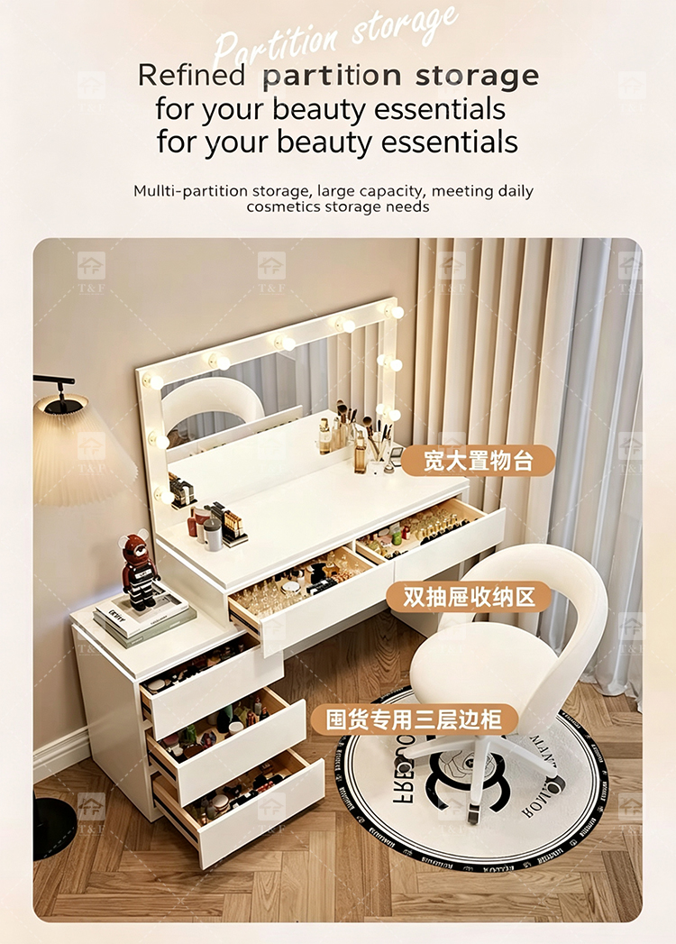 Factory Modern White 13 Drawers Dressing Table and Makeup Vanity Table with Led Light Bulb Mirror Stand Vanity Con Luz Led