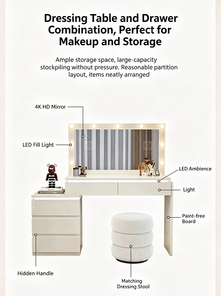 Factory Modern White 13 Drawers Dressing Table and Makeup Vanity Table with Led Light Bulb Mirror Stand Vanity Con Luz Led