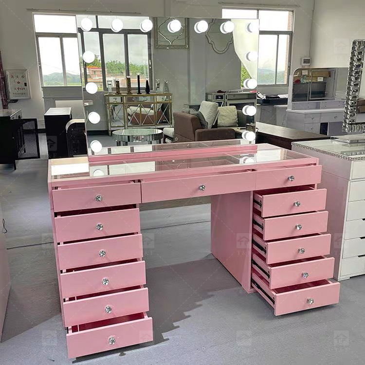 Factory Modern White 13 Drawers Dressing Table and Makeup Vanity Table with Led Light Bulb Mirror Stand Vanity Con Luz Led