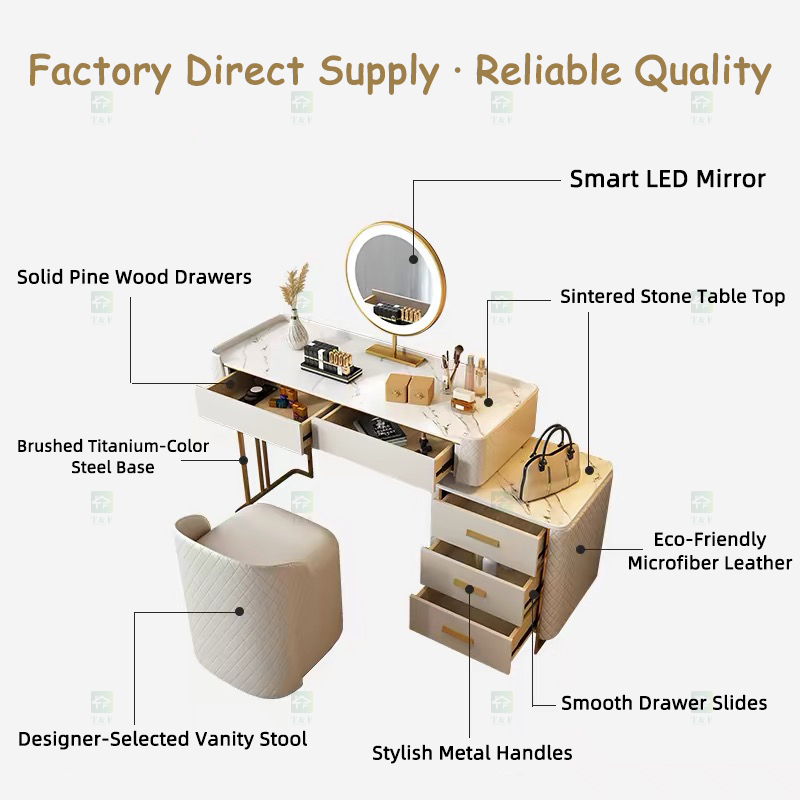 Modern White Makeup Vanity Desk with LED Mirror Vanity Con Luz Led Set and Storage Drawers Bedroom Dressing Table