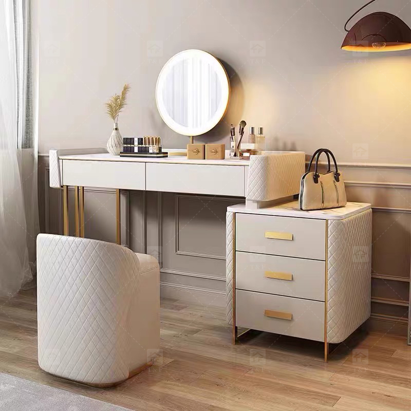 Modern White Makeup Vanity Desk with LED Mirror Vanity Con Luz Led Set and Storage Drawers Bedroom Dressing Table