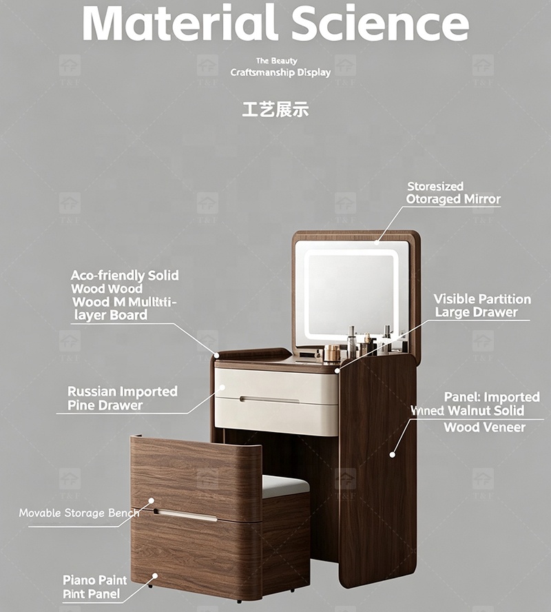 Modern Solid Oak Wood Flip-Top Dressing Table with Square LED Lighted Mirror Hidden Storage Stainless Steel Hardware for Bedroom